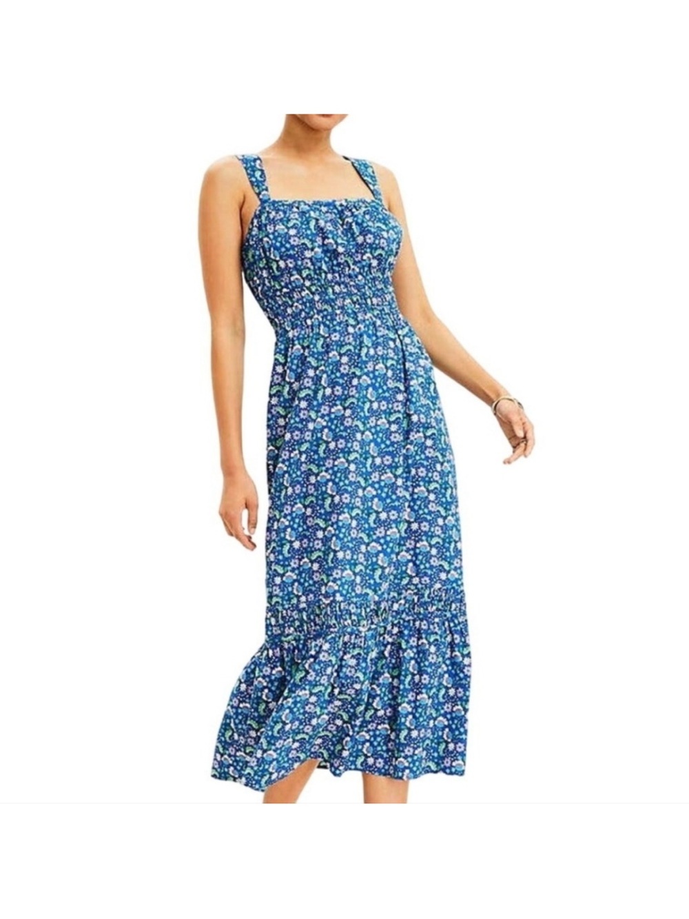 LOFT Blue Floral Tiered Maxi Sundress with Smocked Waist